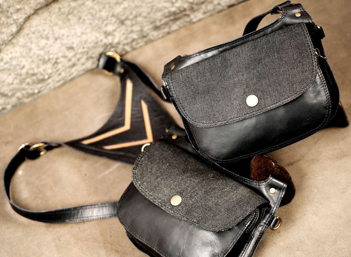 Alternative Fashion Black Leather Shoulder Rig with Decorative Chevron Design


