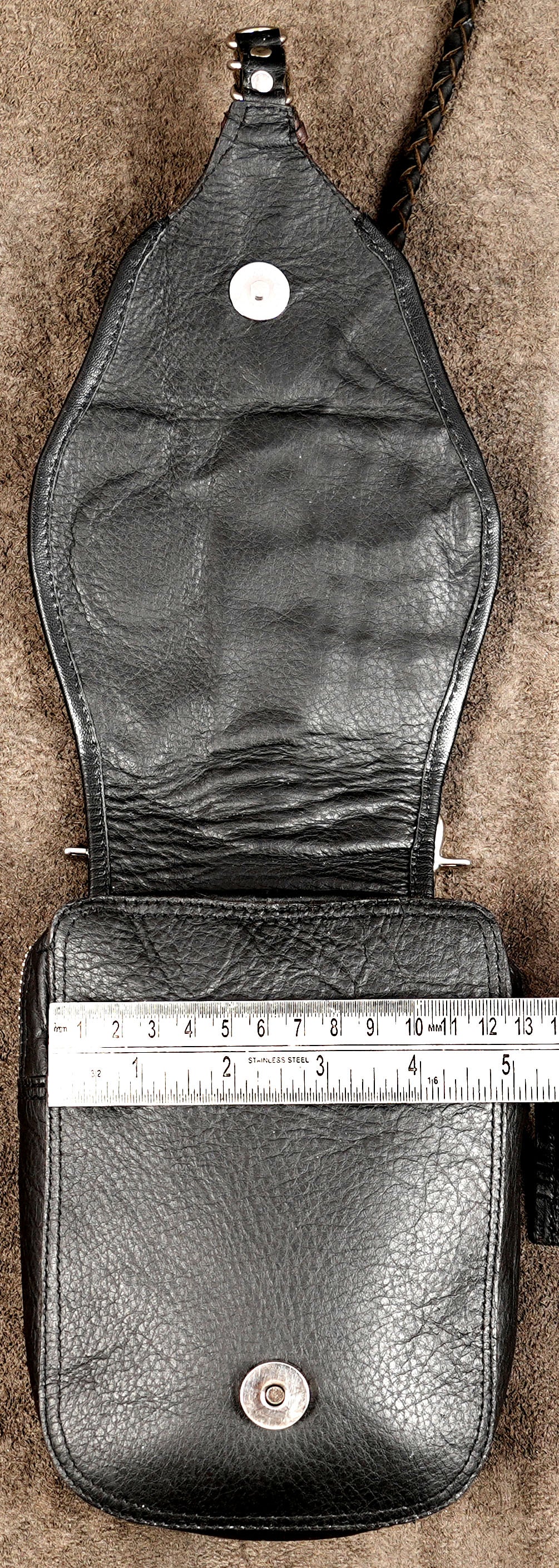 Black leather festival pouch with natural stone decorations