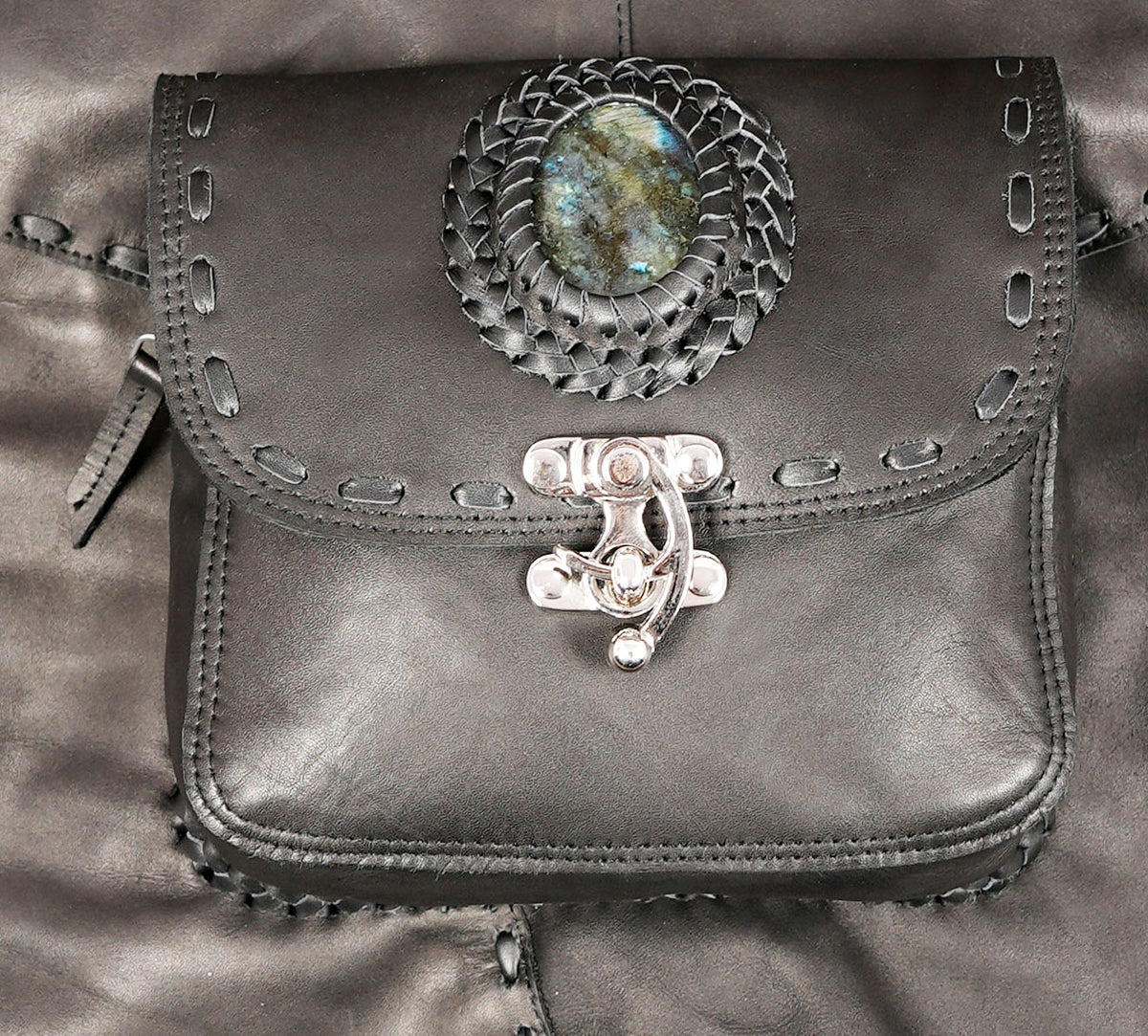 Black leather festival skirt with labradorite stone pouch