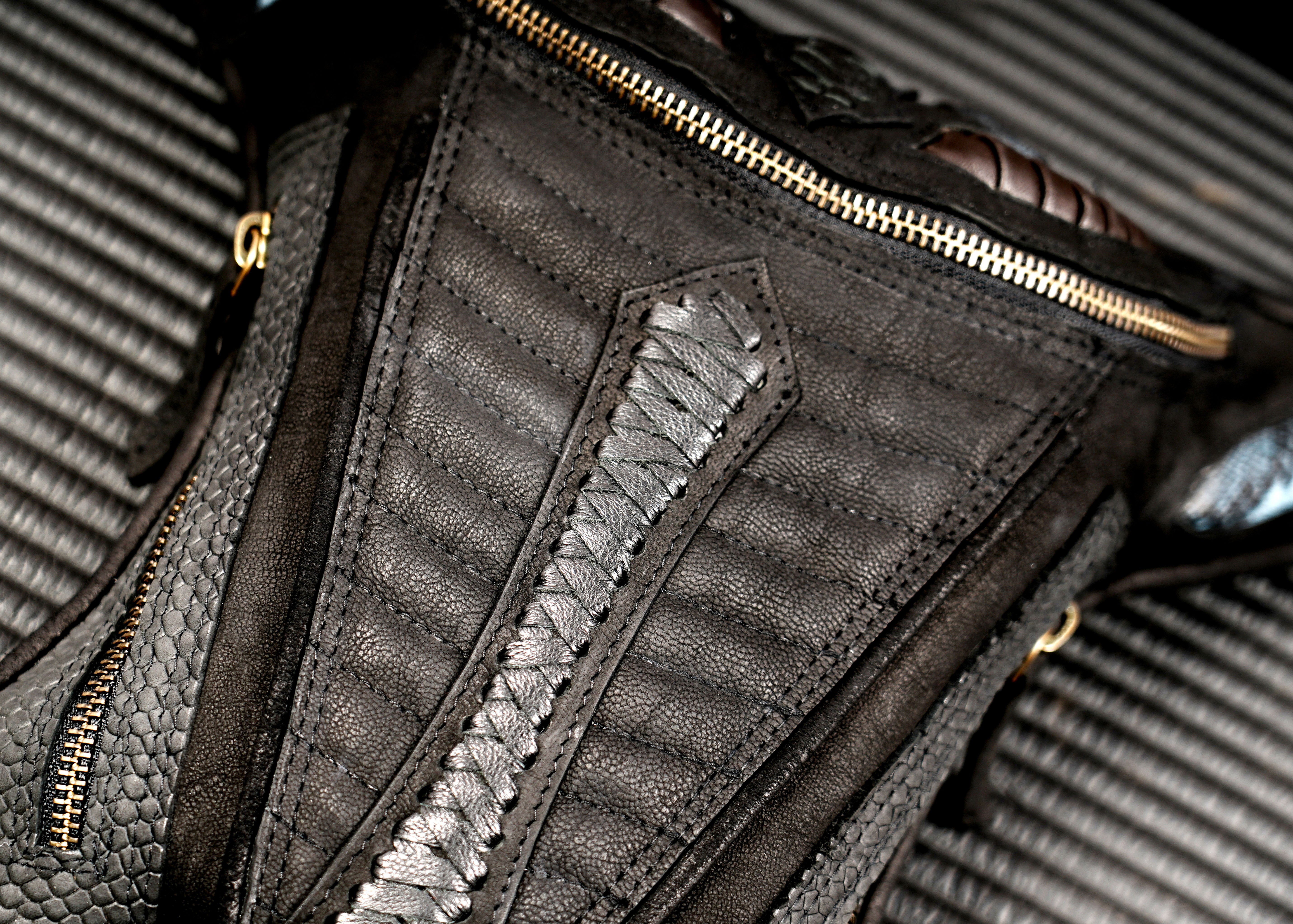 Black leather festival utility pouch with zipper pockets