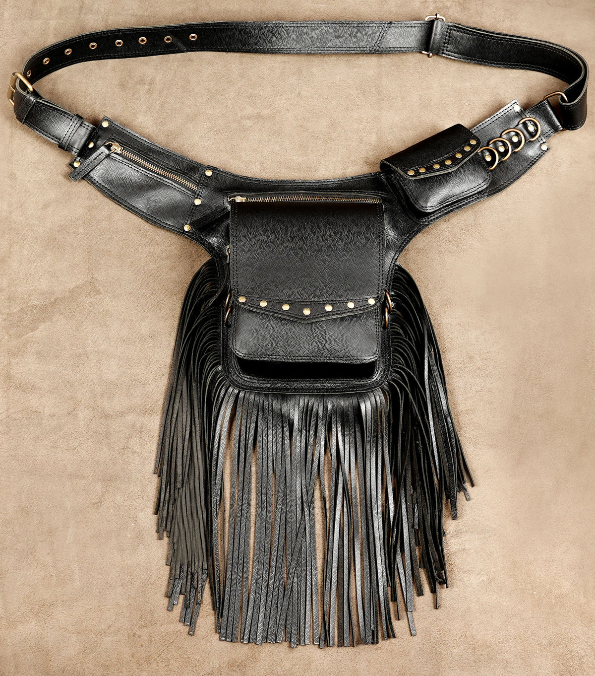 Black leather fringe belt bag with studded pouch