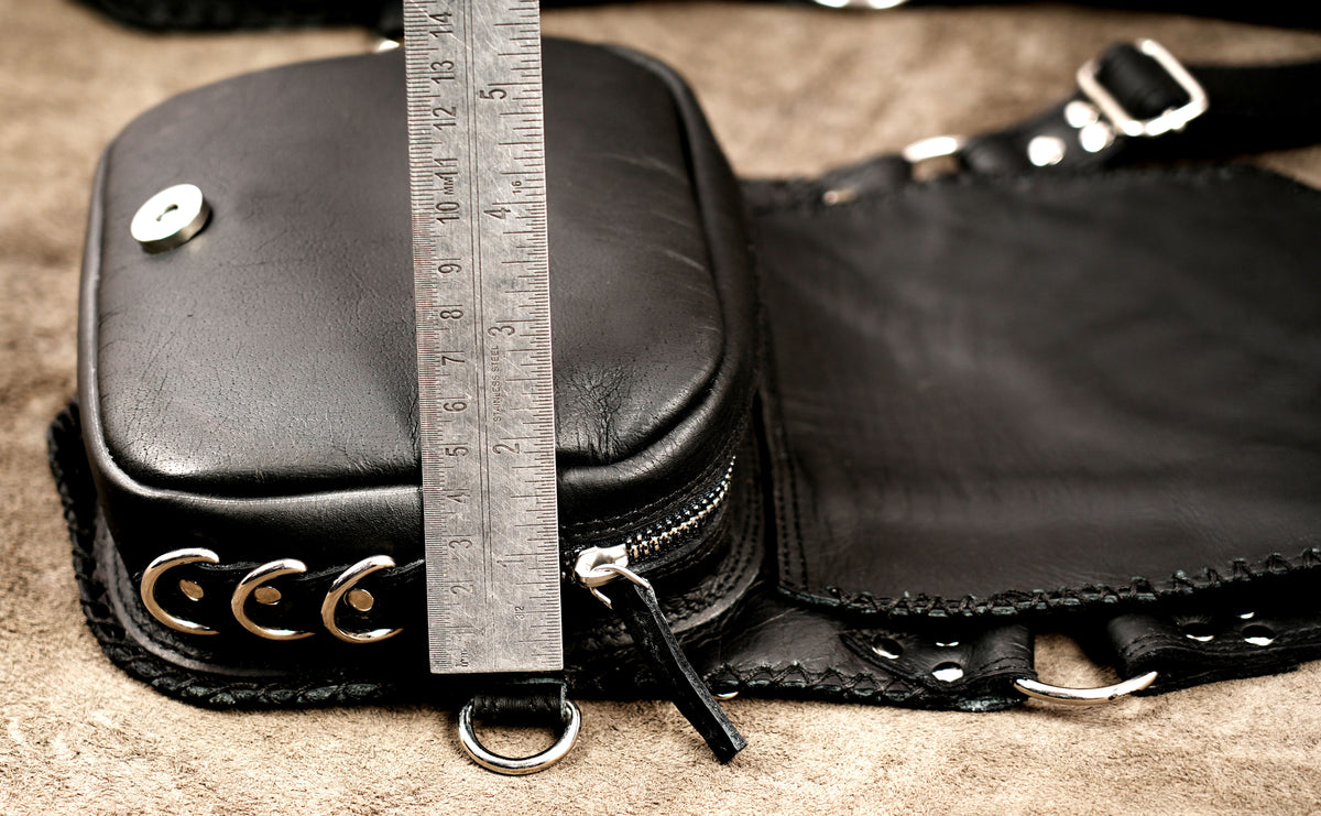 Black leather harness purse with buckles