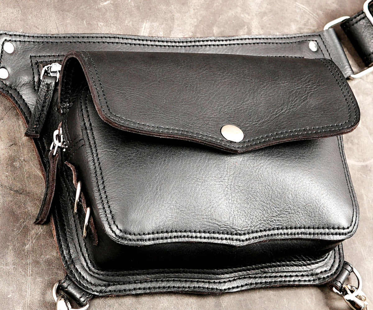 Black leather leg bag with detachable adjustable thigh strap