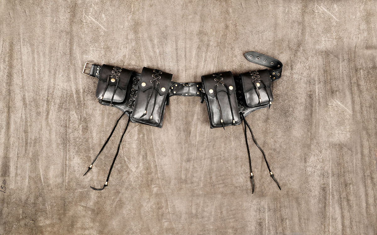 Unisex black leather hip belt with lace-up pouch pockets