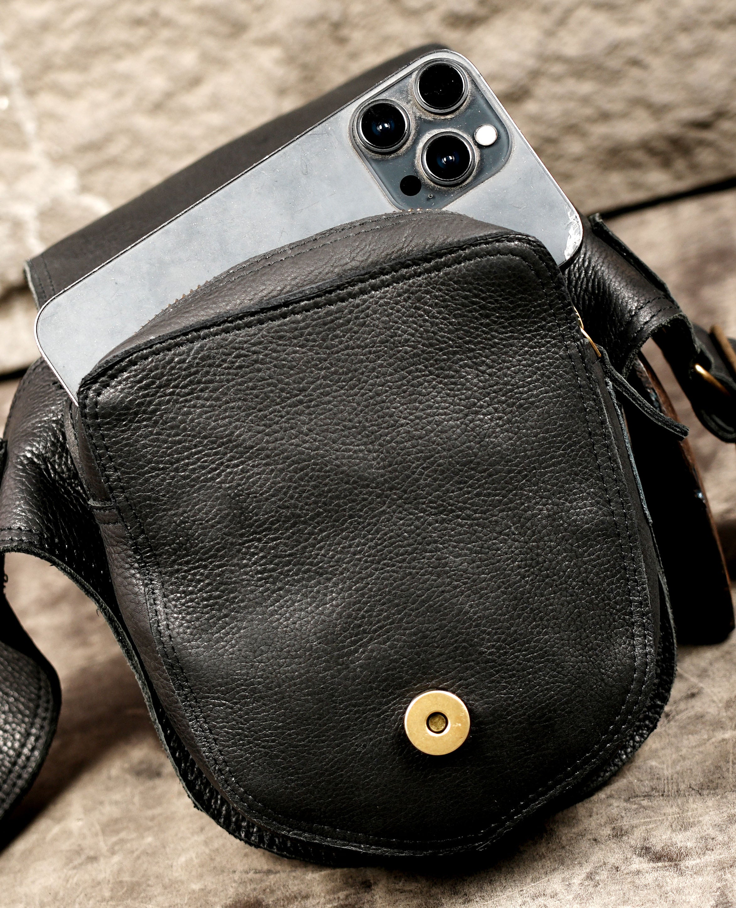 Black leather phone and wallet belt pouch with metal studs