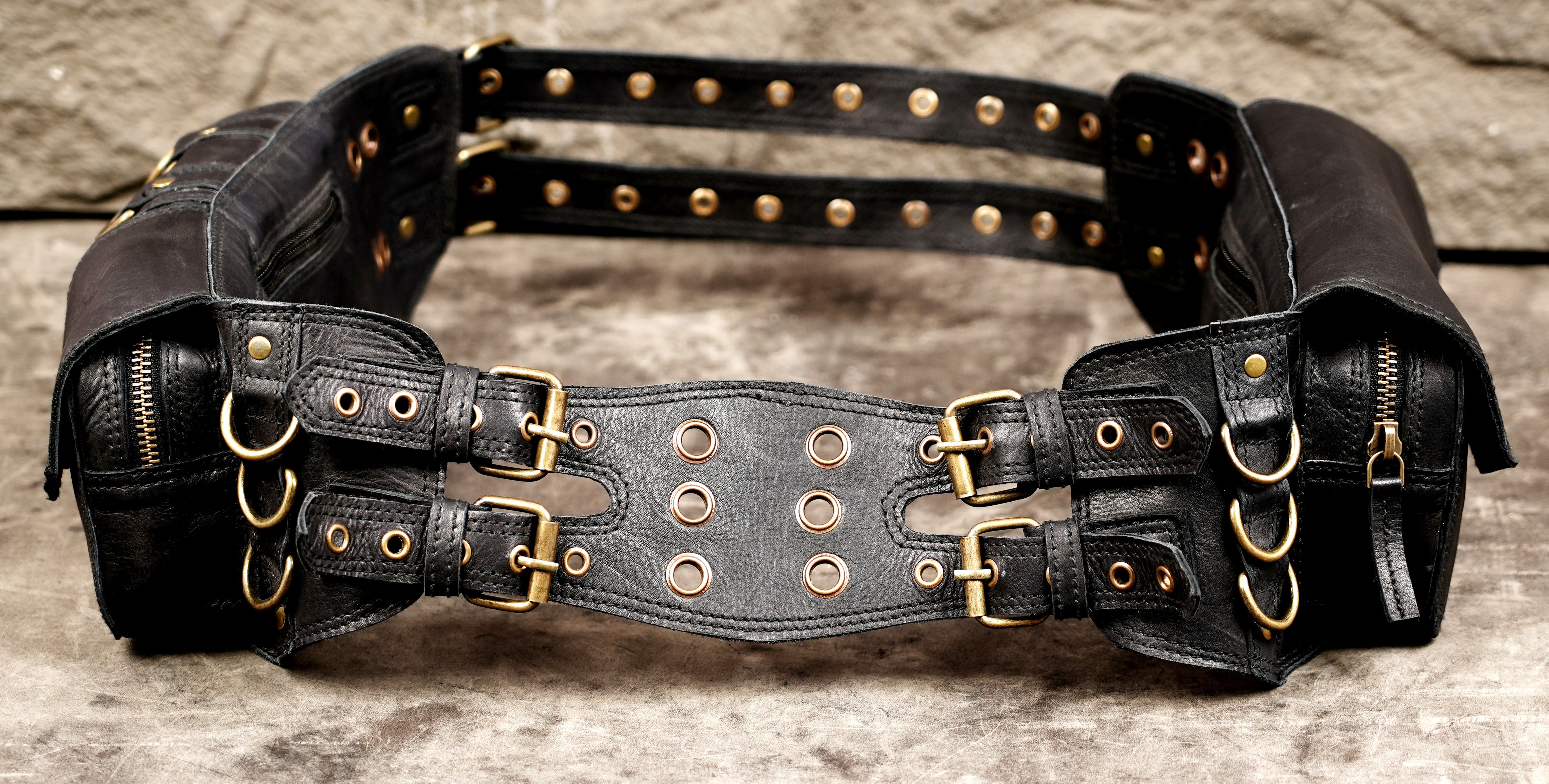 Black leather pocket belt for travel and outdoor use