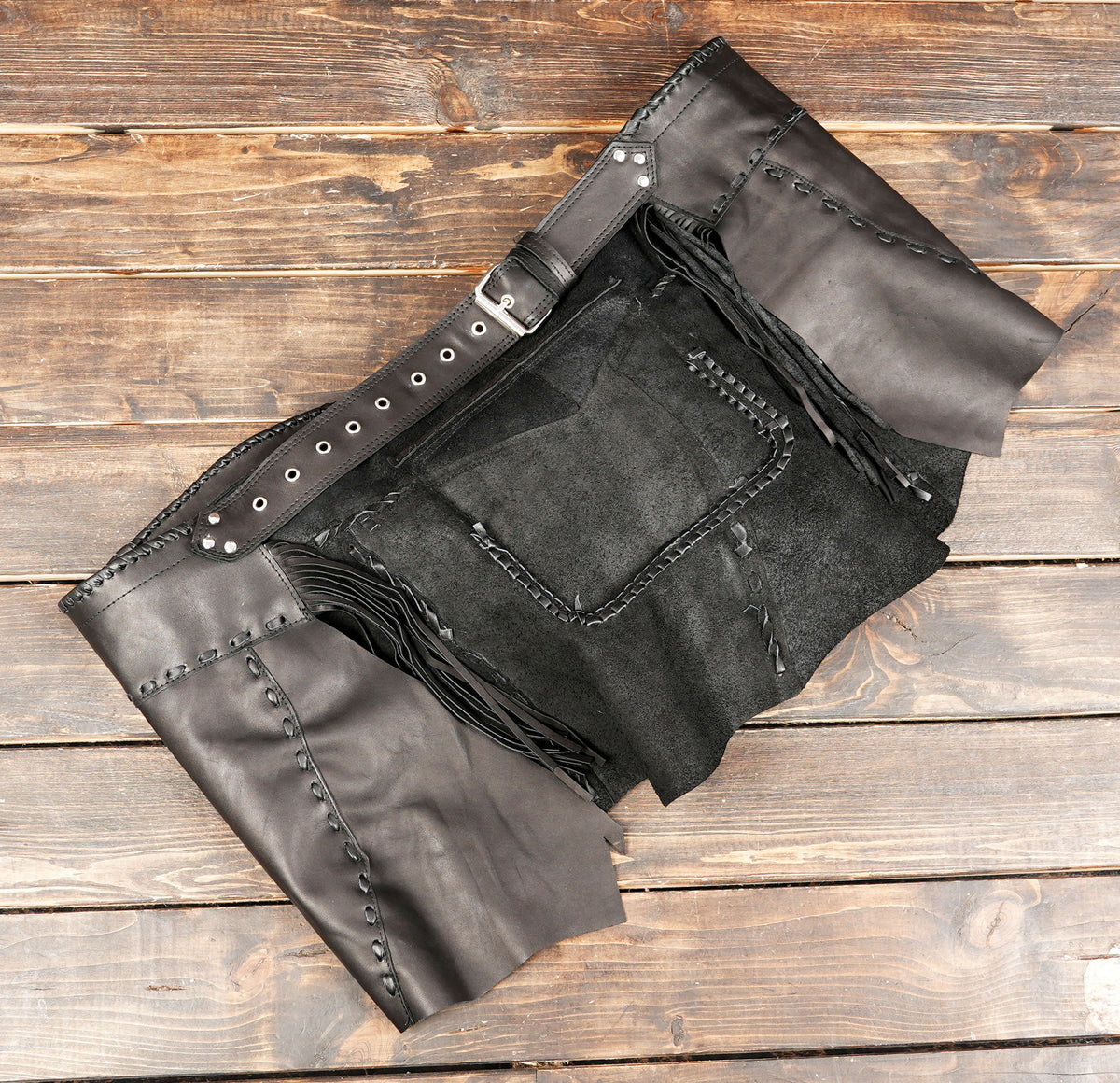 Black leather pocket skirt for Burning Man festival outfit