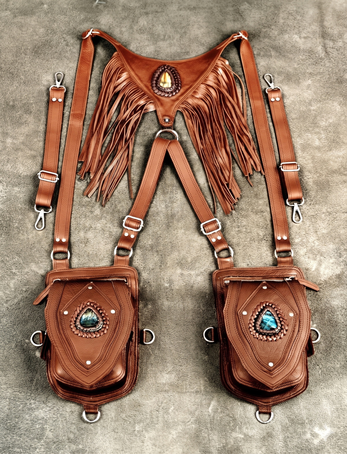 Leather festival chest harness with fringe detailing and gemstone decorations

