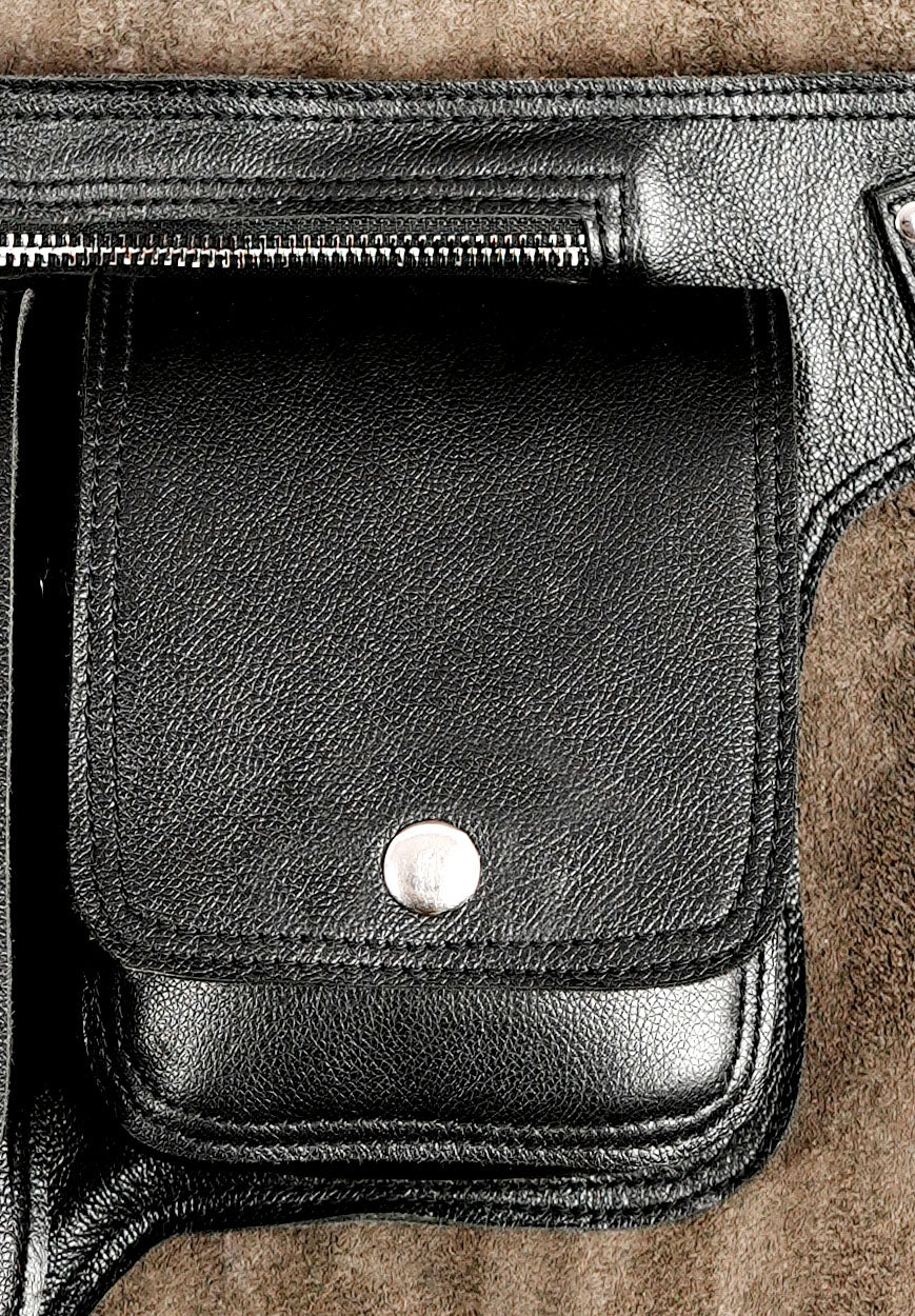 Black leather belt bag with double pocket design and zipper