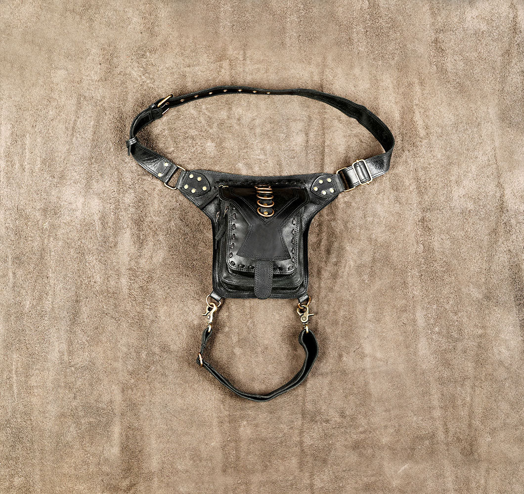 Black leather thigh pouch with antique brass hardware