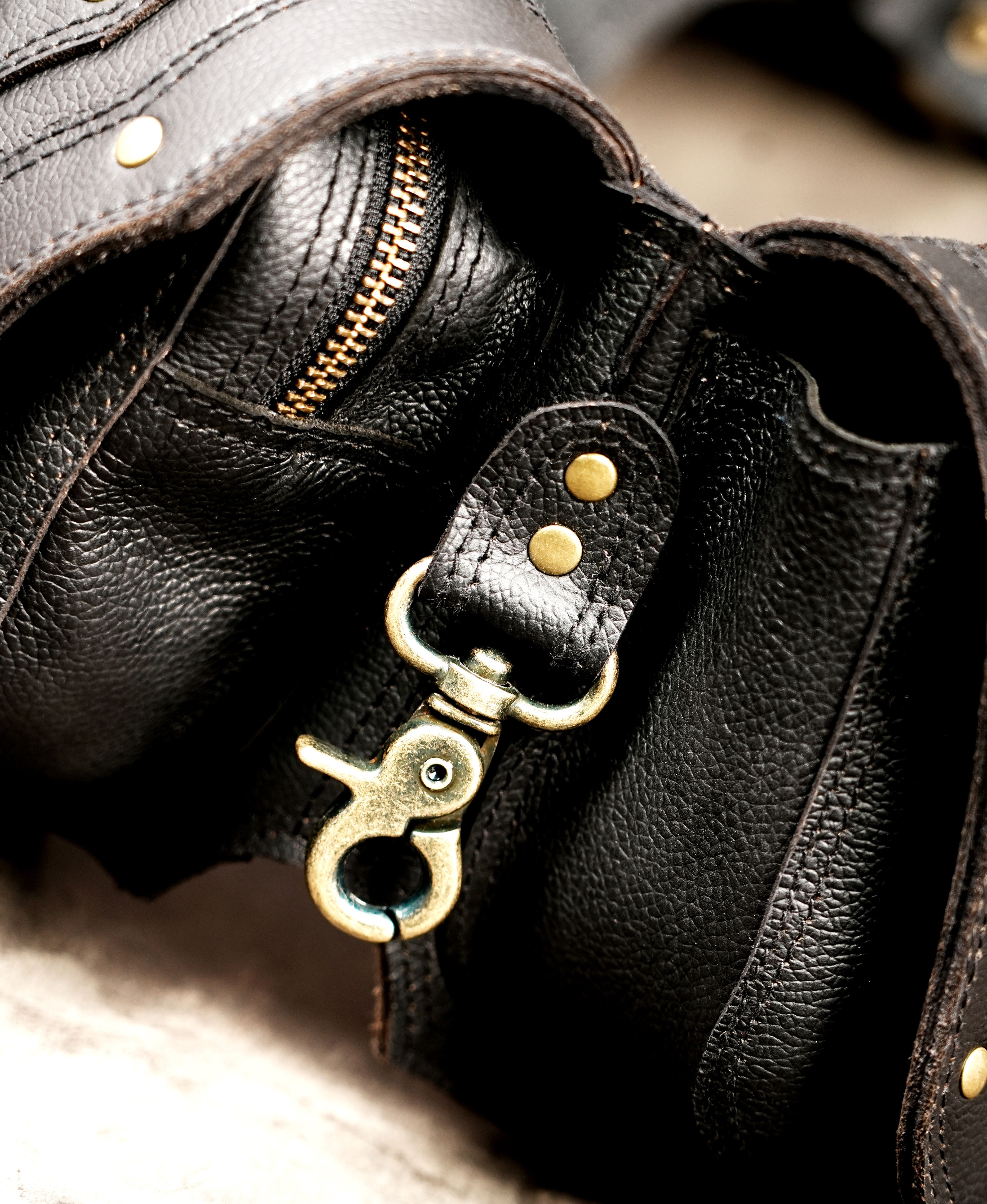 Black leather travel waist pouch with adjustable buckle