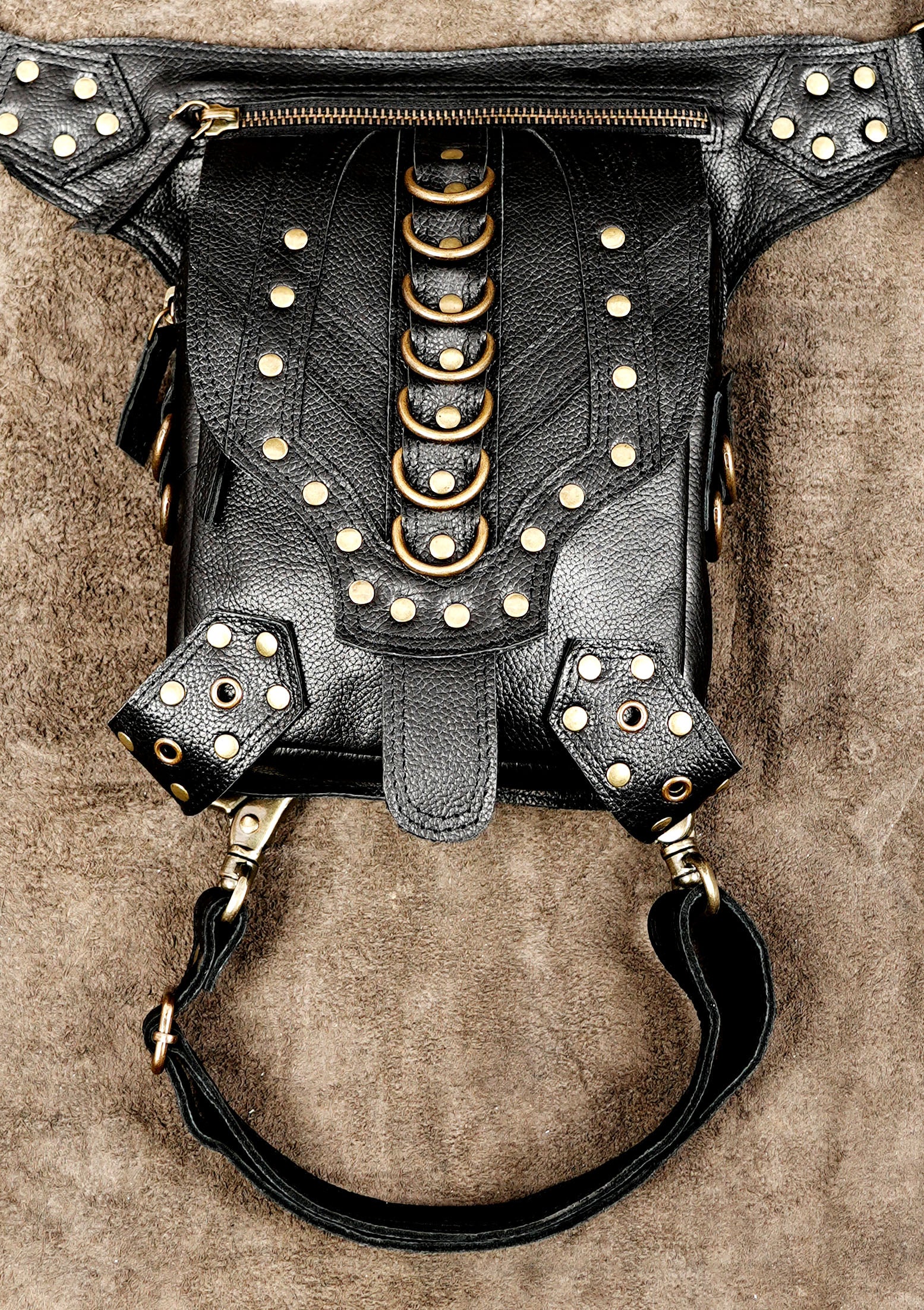 Black leather utility belt bag with adjustable waist and leg straps