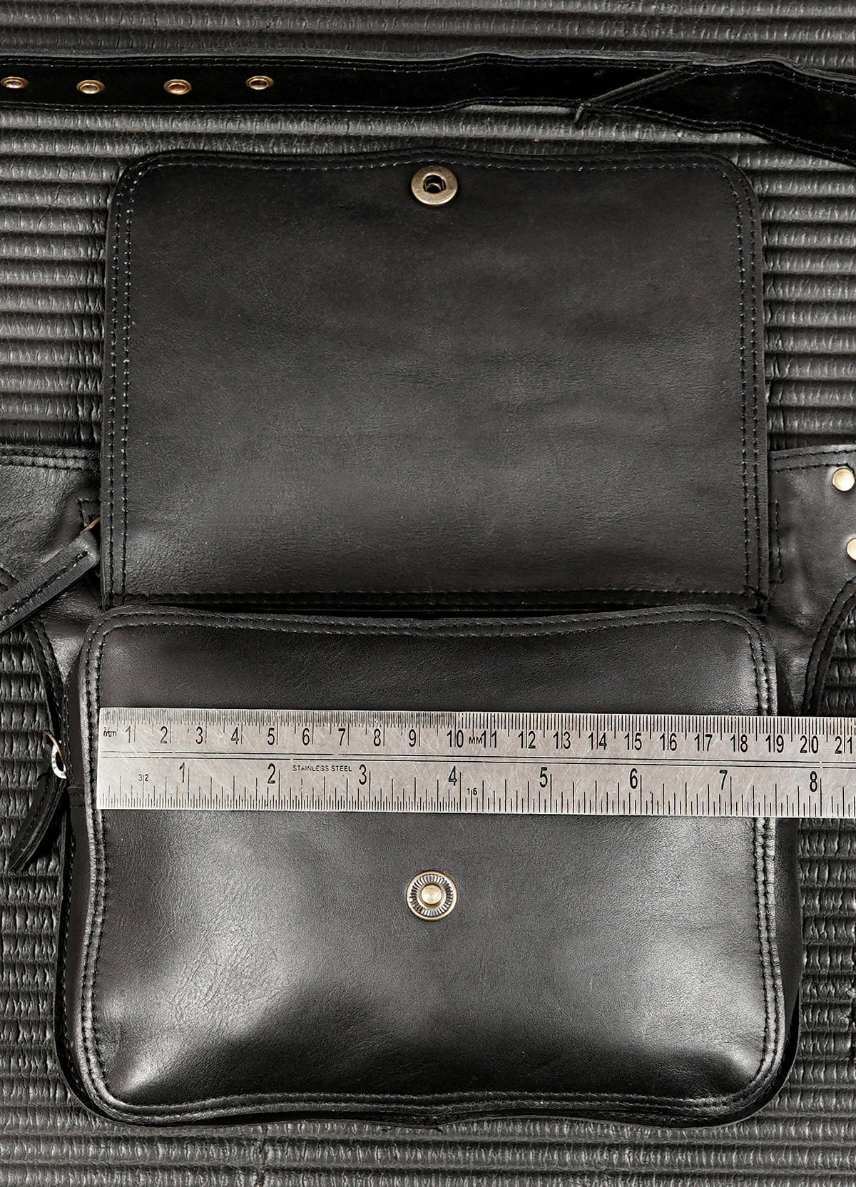 Black leather utility belt bag with antique brass buckle