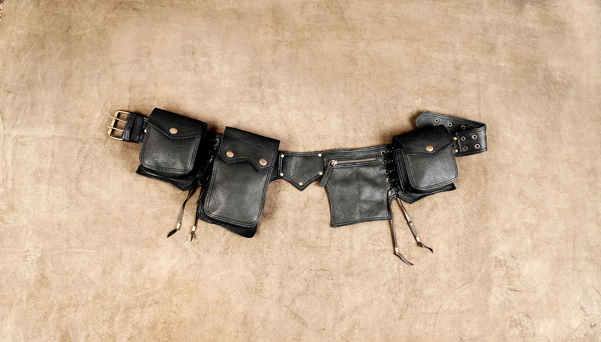 Handmade leather hip bag with snap flap pouches for festivals