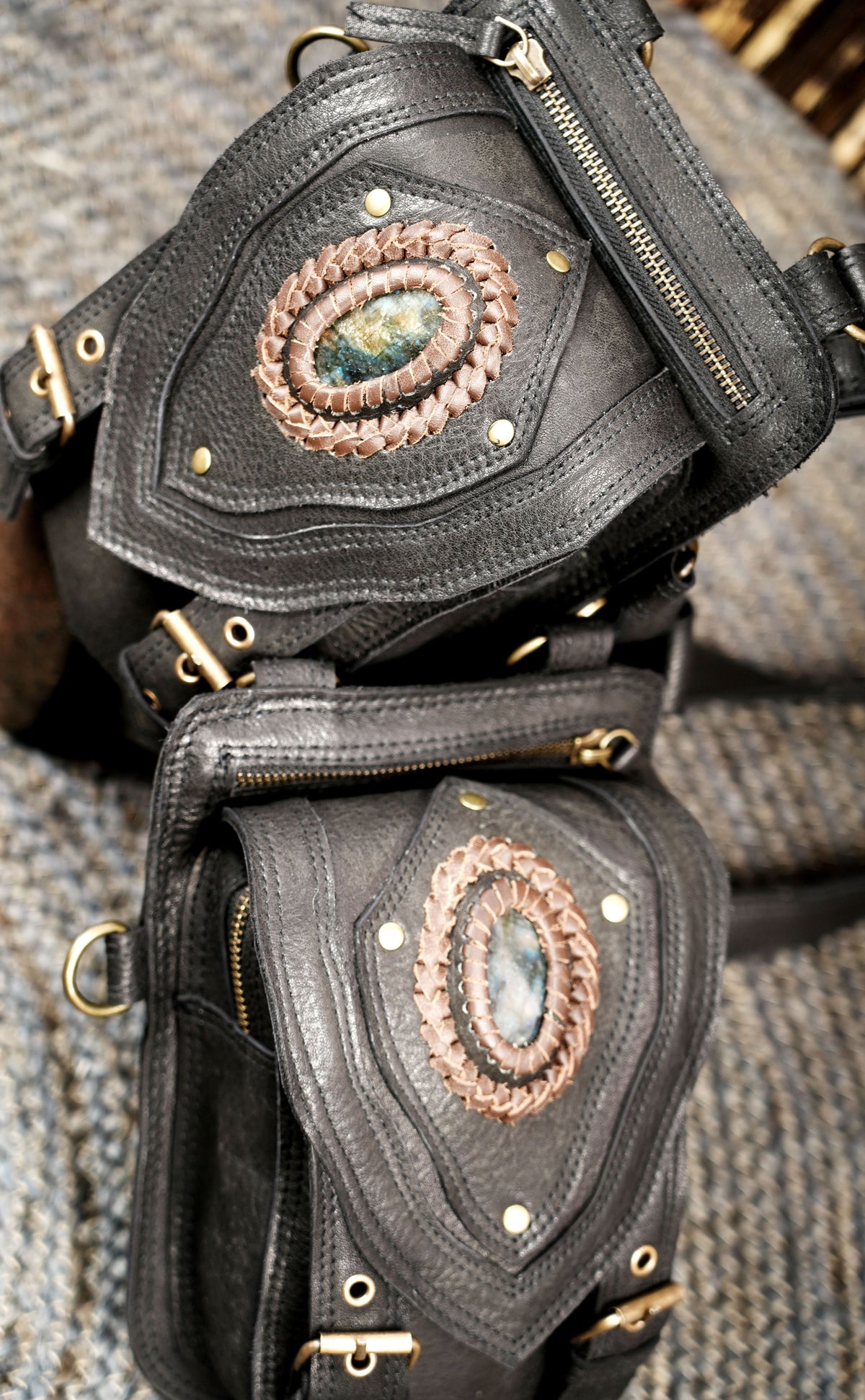 Artisan Leather Shoulder Harness with Decorative Stone Panels and Metal Buckles