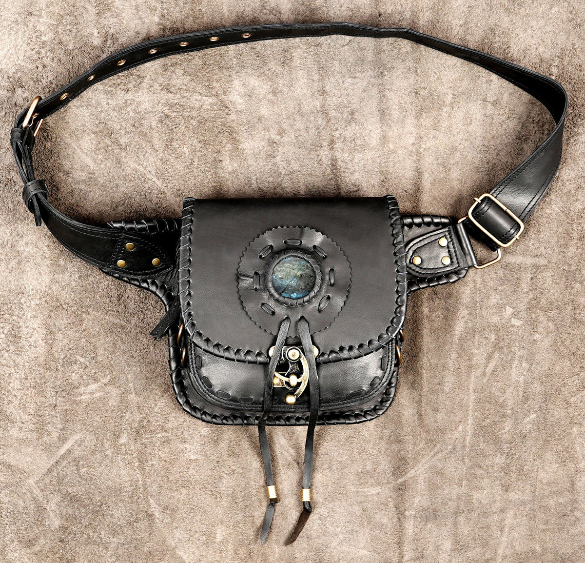 Leather waist pack for festivals with Labradorite stone and buckle belt