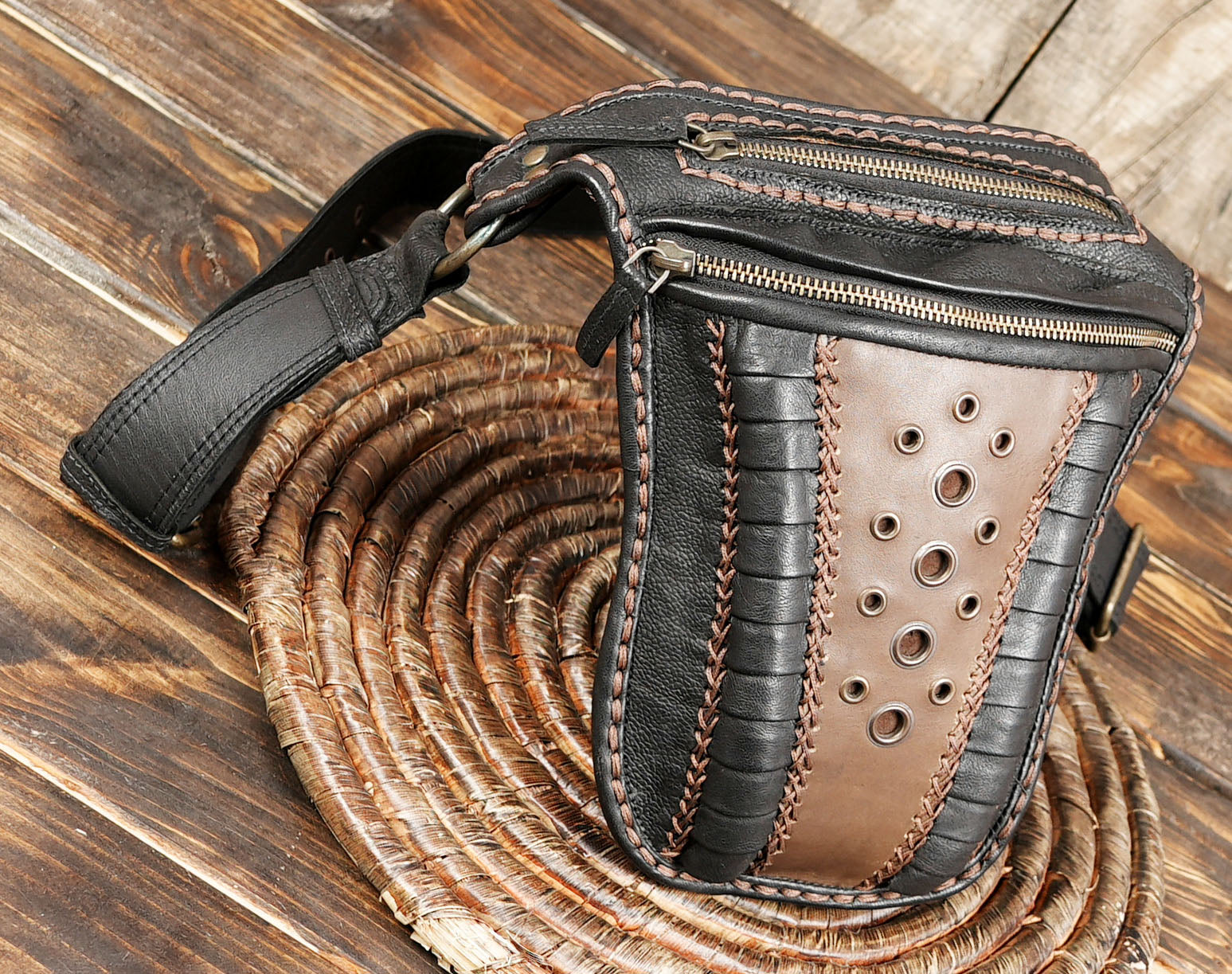 Black leather utility waist pouch for festivals and travel