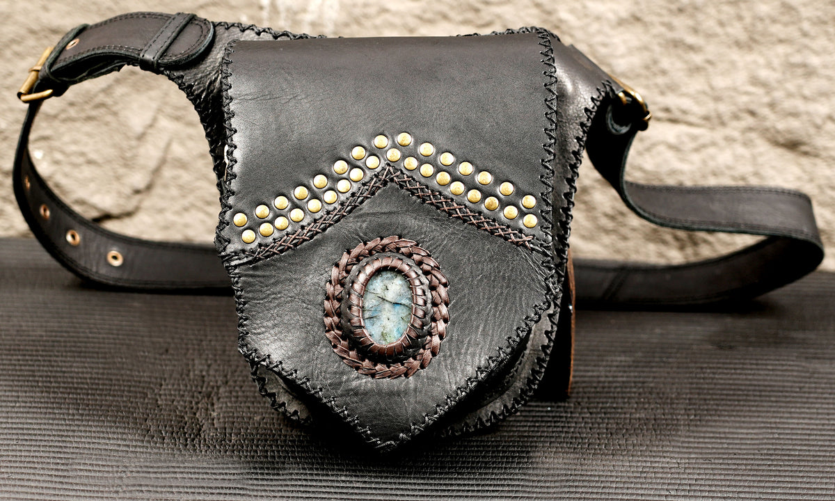 Handmade black leather belt with gemstone centerpiece