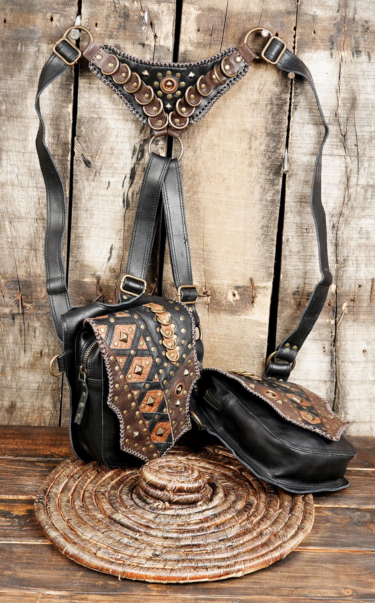 Unisex Black Double Pouch Harness Bag with Antique Brass Studs