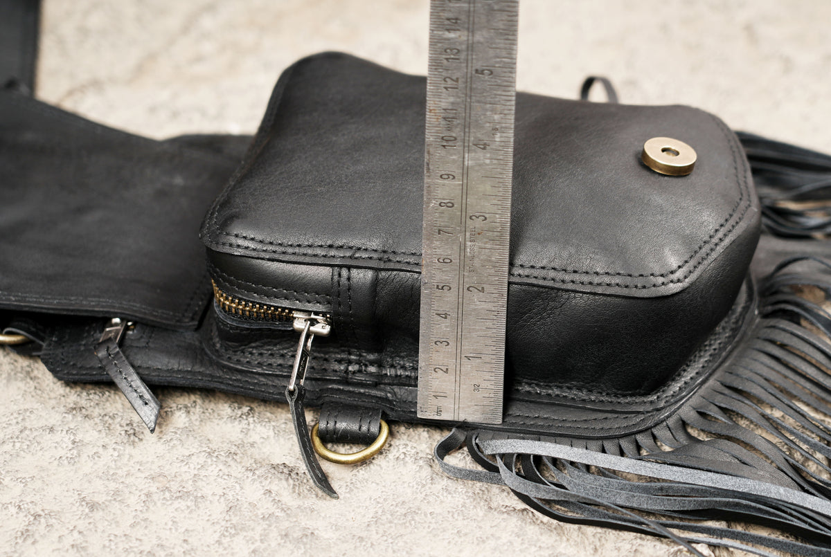 Black Leather Holster Vest Fringe Harness Bag Dual Utility Pouches Festival Body Suspender Natural Labradorite Stones
