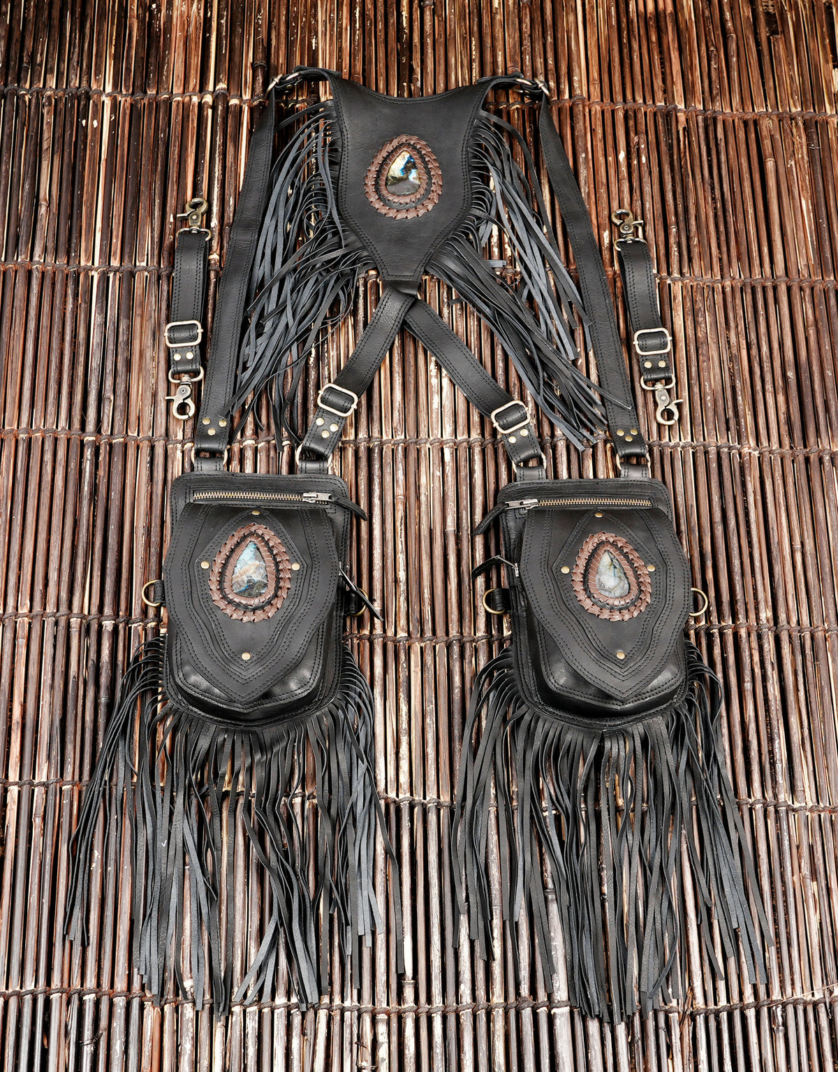 Black Leather Holster Vest Fringe Harness Bag Dual Utility Pouches Festival Body Suspender Natural Labradorite Stones