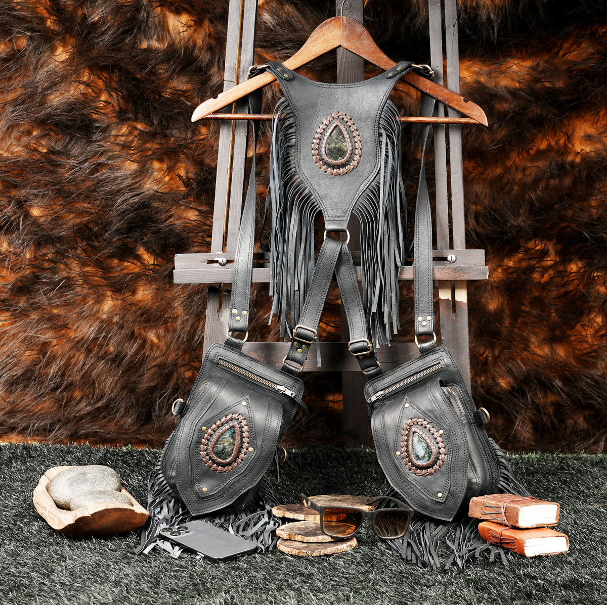 Black Leather Holster Vest Fringe Harness Bag Dual Utility Pouches Festival Body Suspender Natural Labradorite Stones