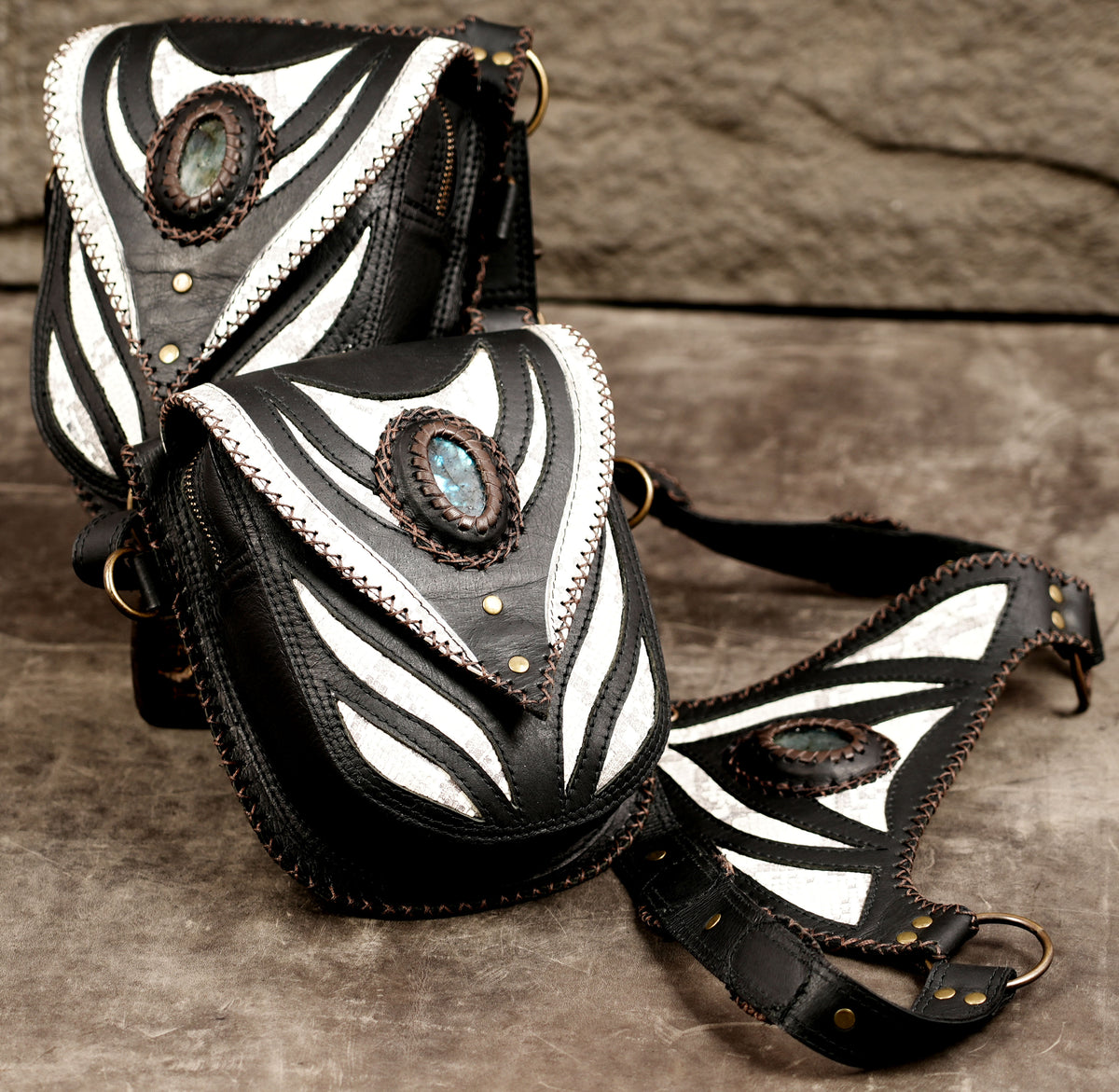 Festival body harness featuring twin front pockets and gemstone details
