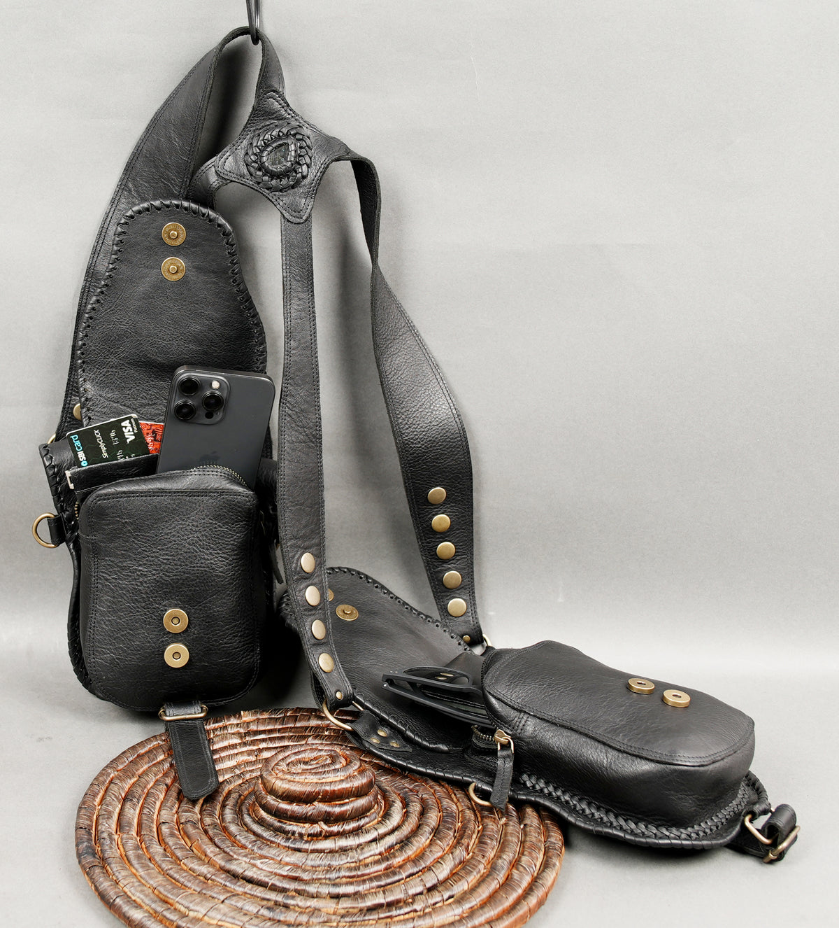 Boho leather festival harness with two front bags and adjustable leather straps