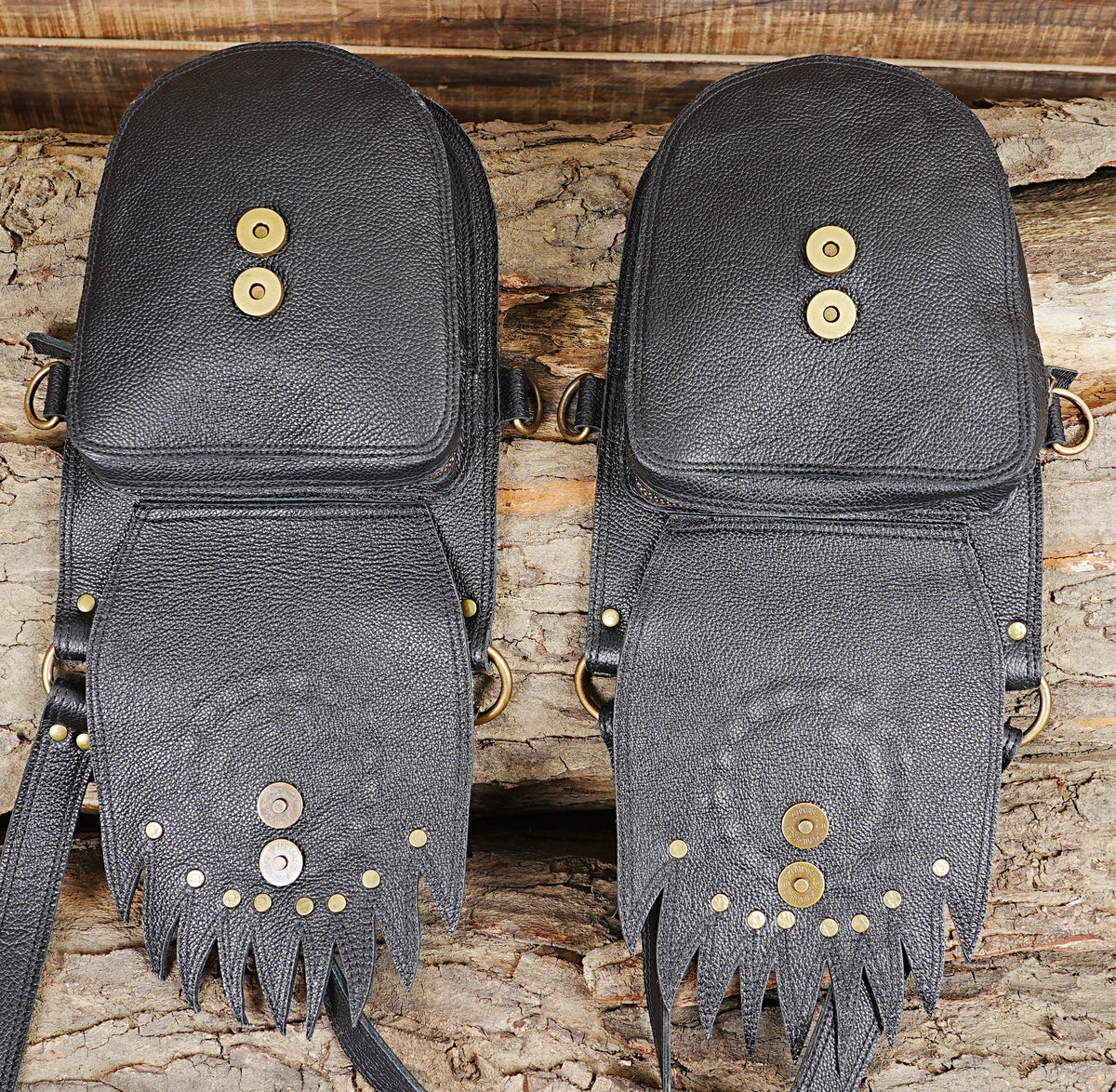 Black leather utility chest rig with two pockets Natural Labradorite and brass studs