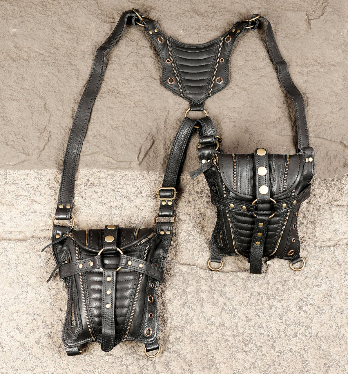 Steampunk gothic waist pouch set with antique brass buckles and detailed stitching