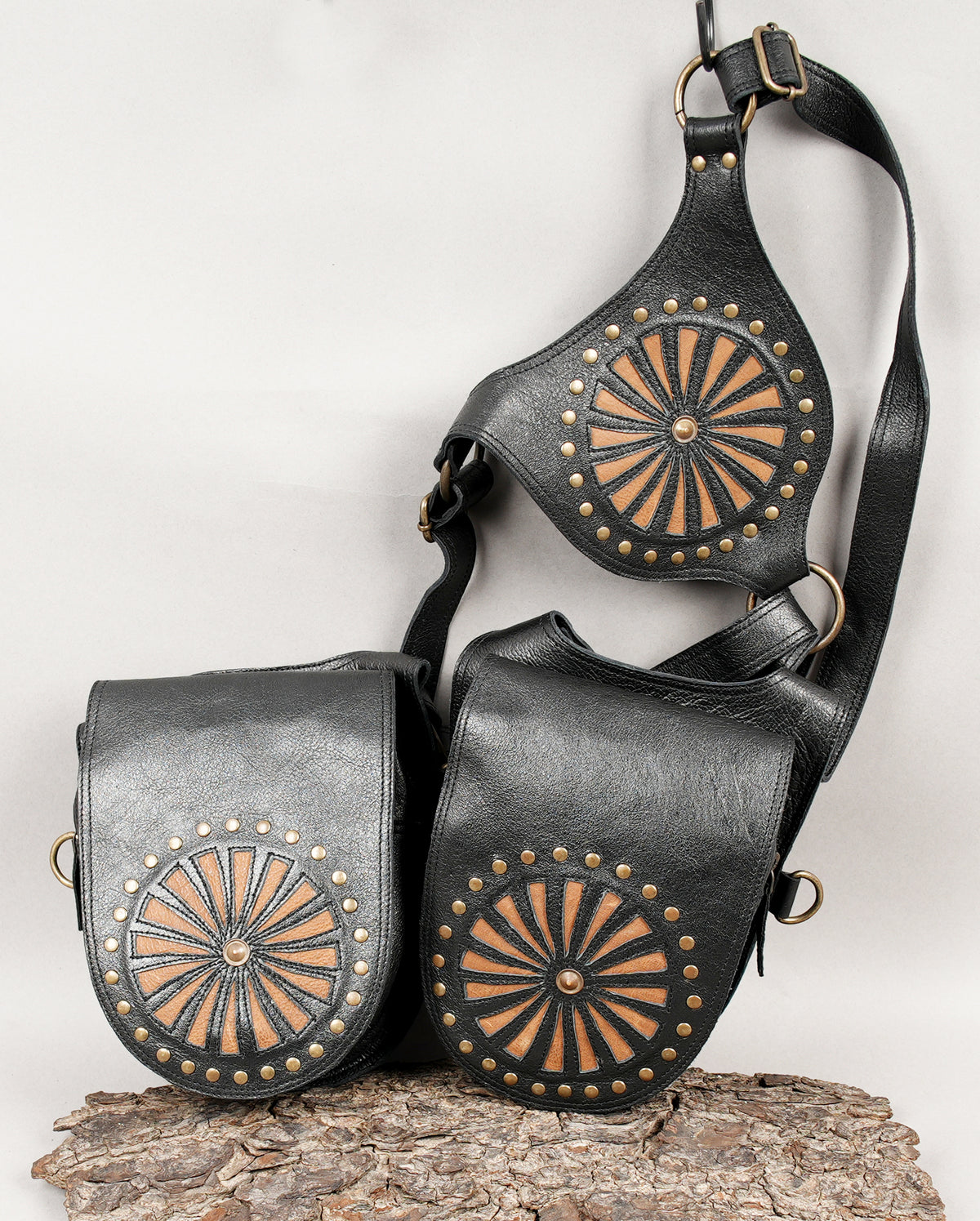 Unisex leather dual pouch harness for festival and travel use