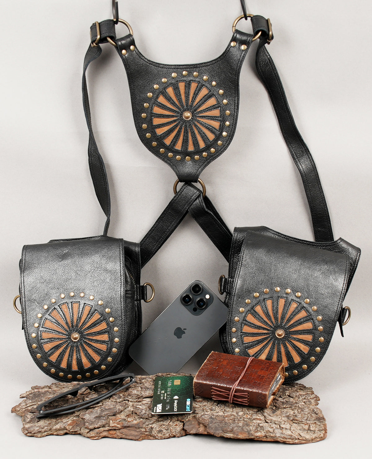 Adjustable black leather dual holster bag for cosplay outfits