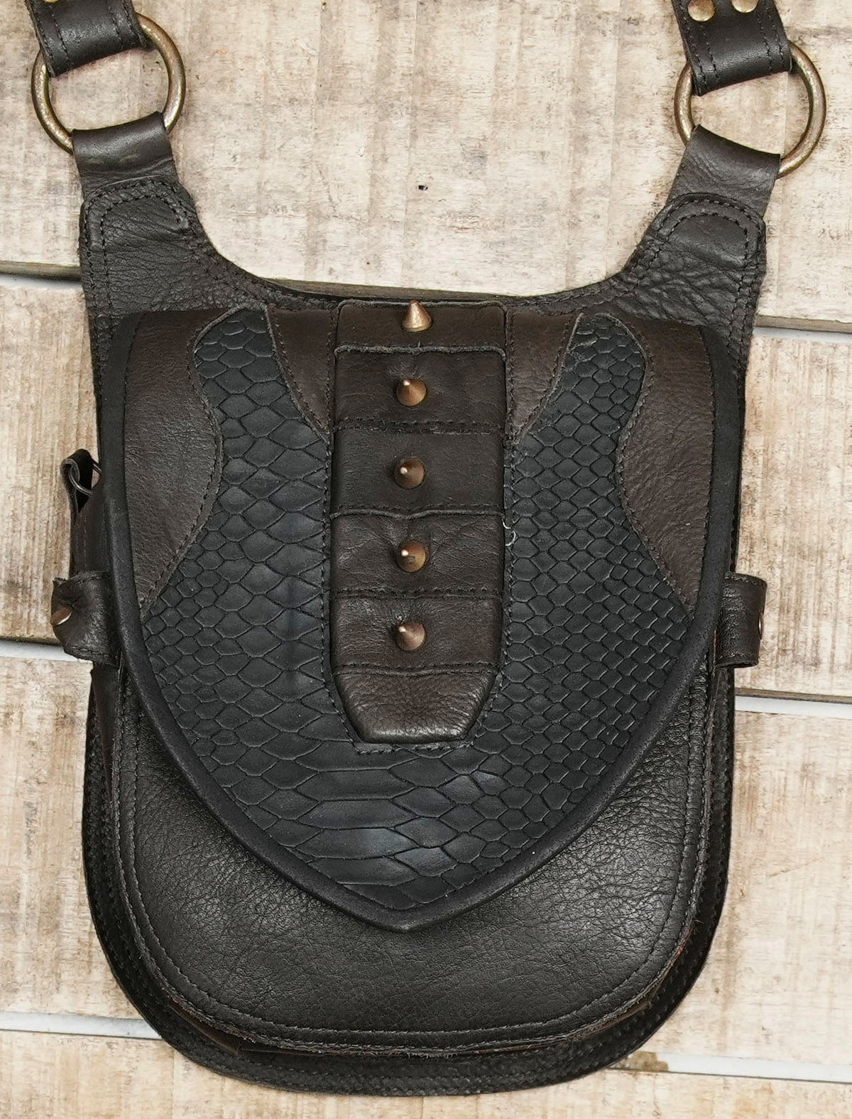Alternative fashion black leather harness bag for Burning Man and music festivals