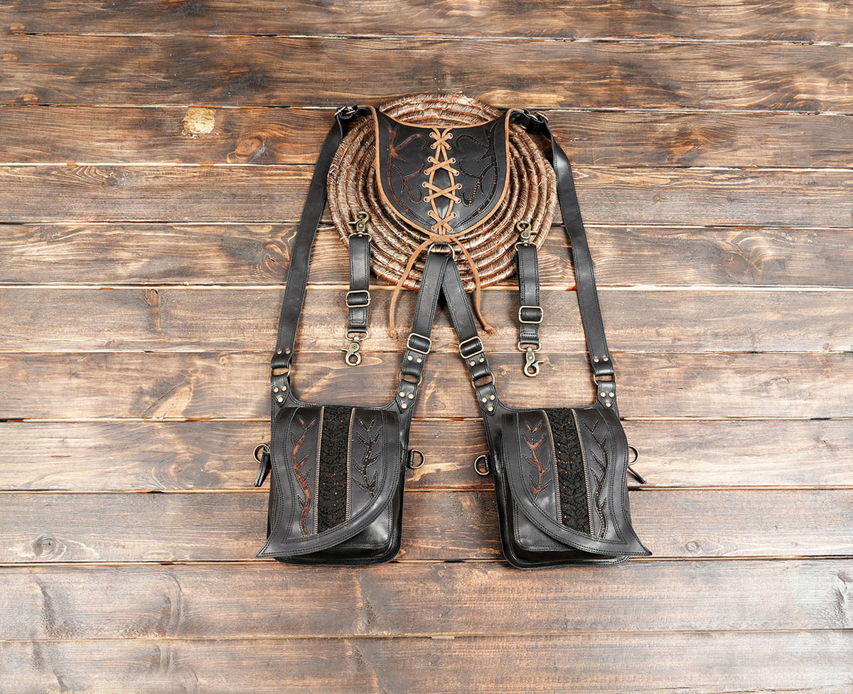 Leather double shoulder bag with adjustable utility pouch straps
