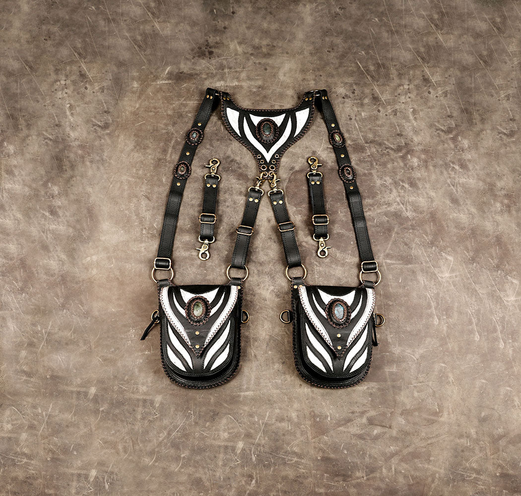 Gothic double pouch holster rig with decorative center stone