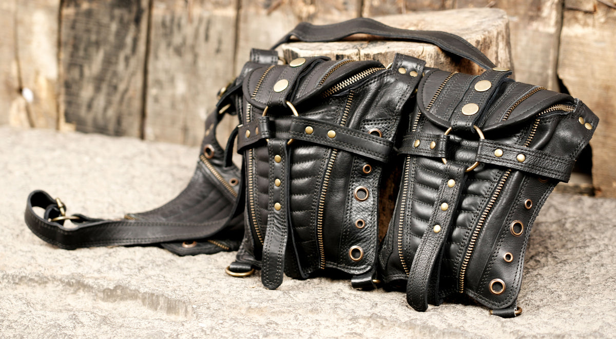 Black double pouch belt harness bag for Burning Man and alternative fashion festivals