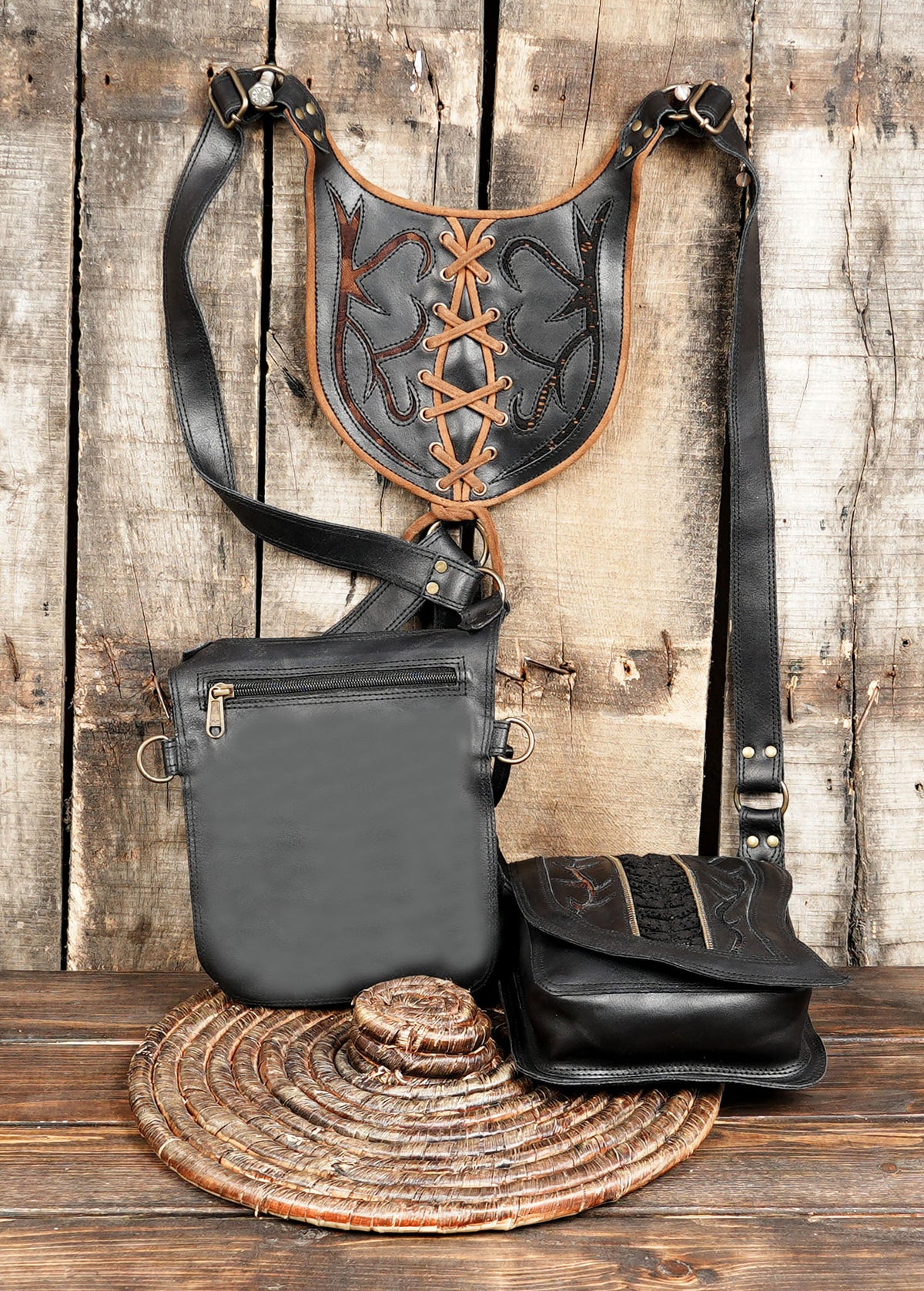 Black leather steampunk double shoulder harness bag