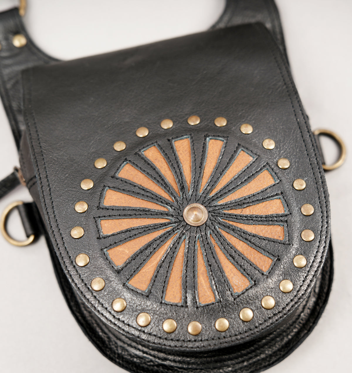Black leather festival harness bag with adjustable straps