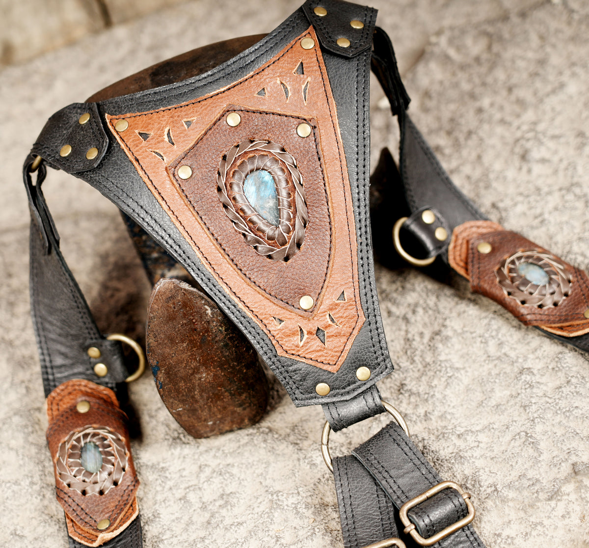 Handmade leather chest harness with adjustable straps and hip pouches
