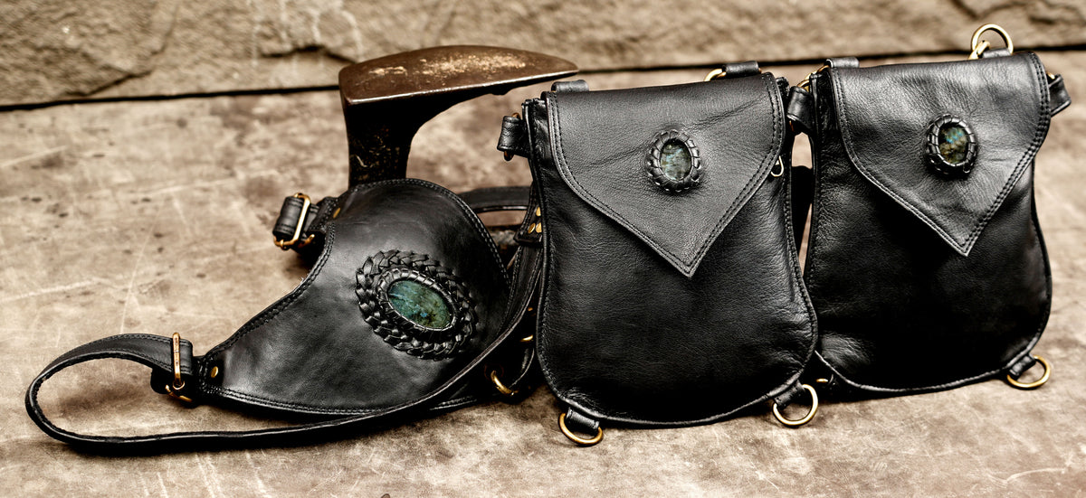 Handmade black leather festival harness with antique brass hardware