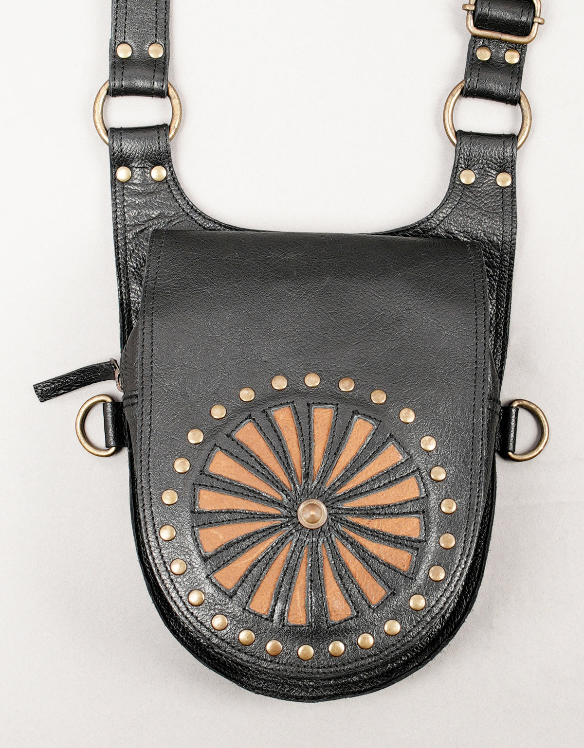 Black leather steampunk harness bag with brass hardware