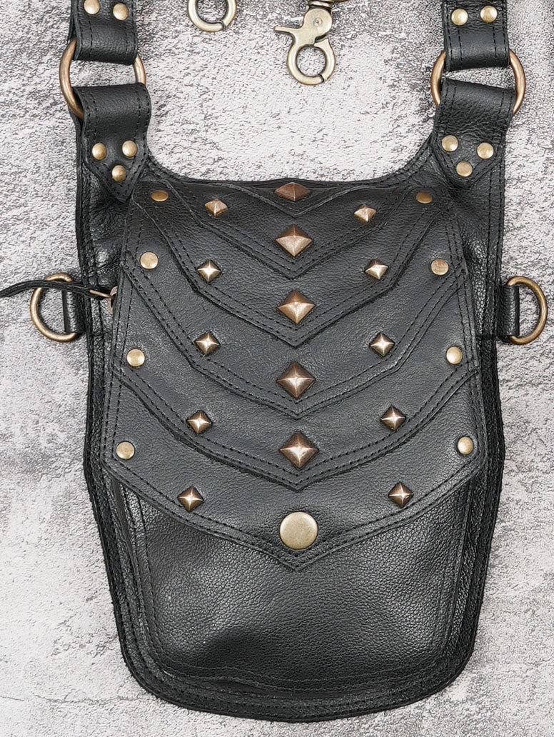 Unisex black leather shoulder holster harness bag with gemstone detail
