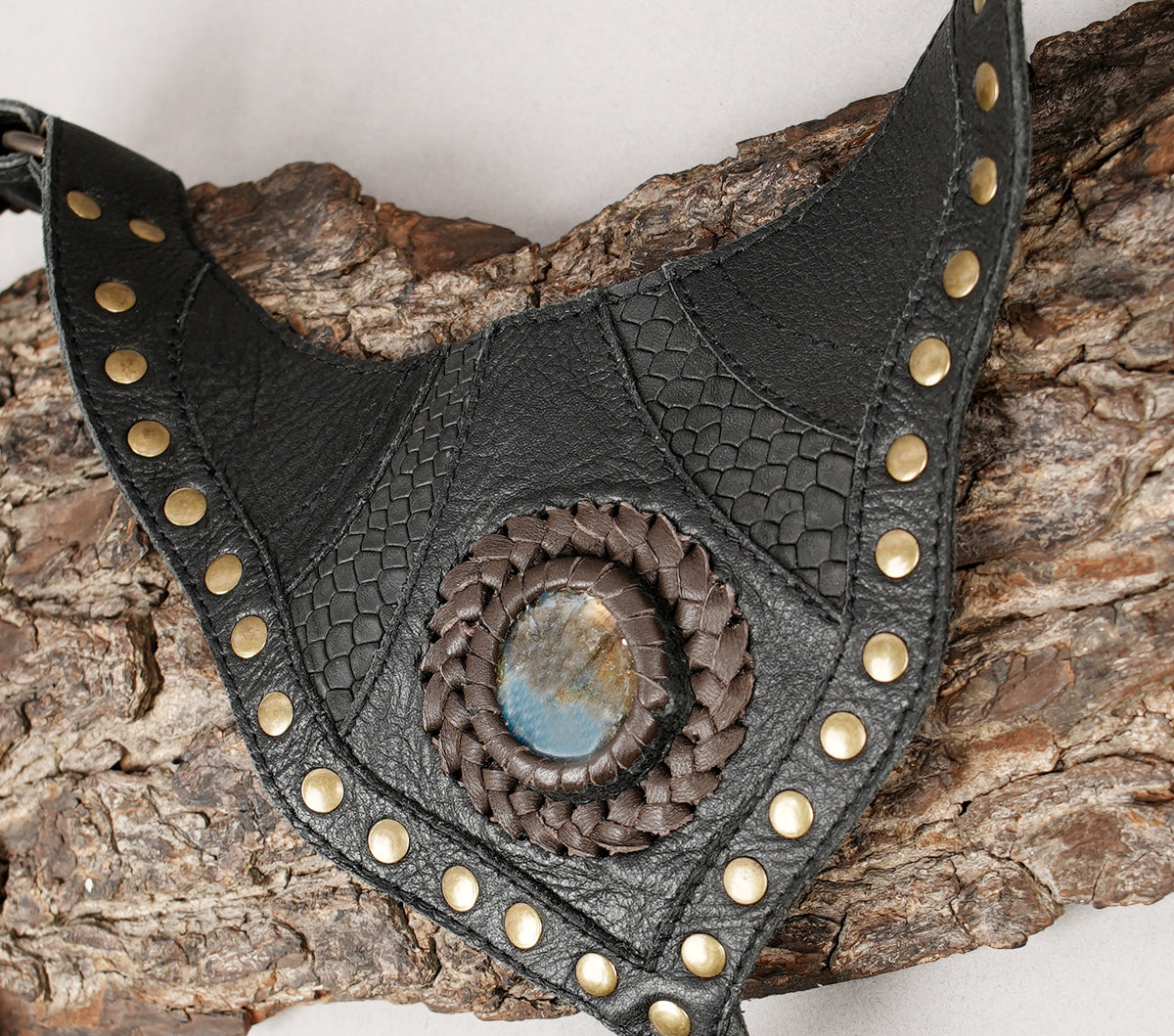 Alternative fashion double pouch harness with brass rivets and black straps