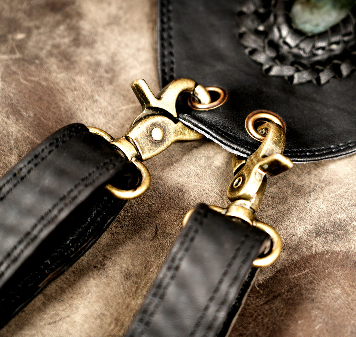 Black leather utility shoulder harness with adjustable pouch straps