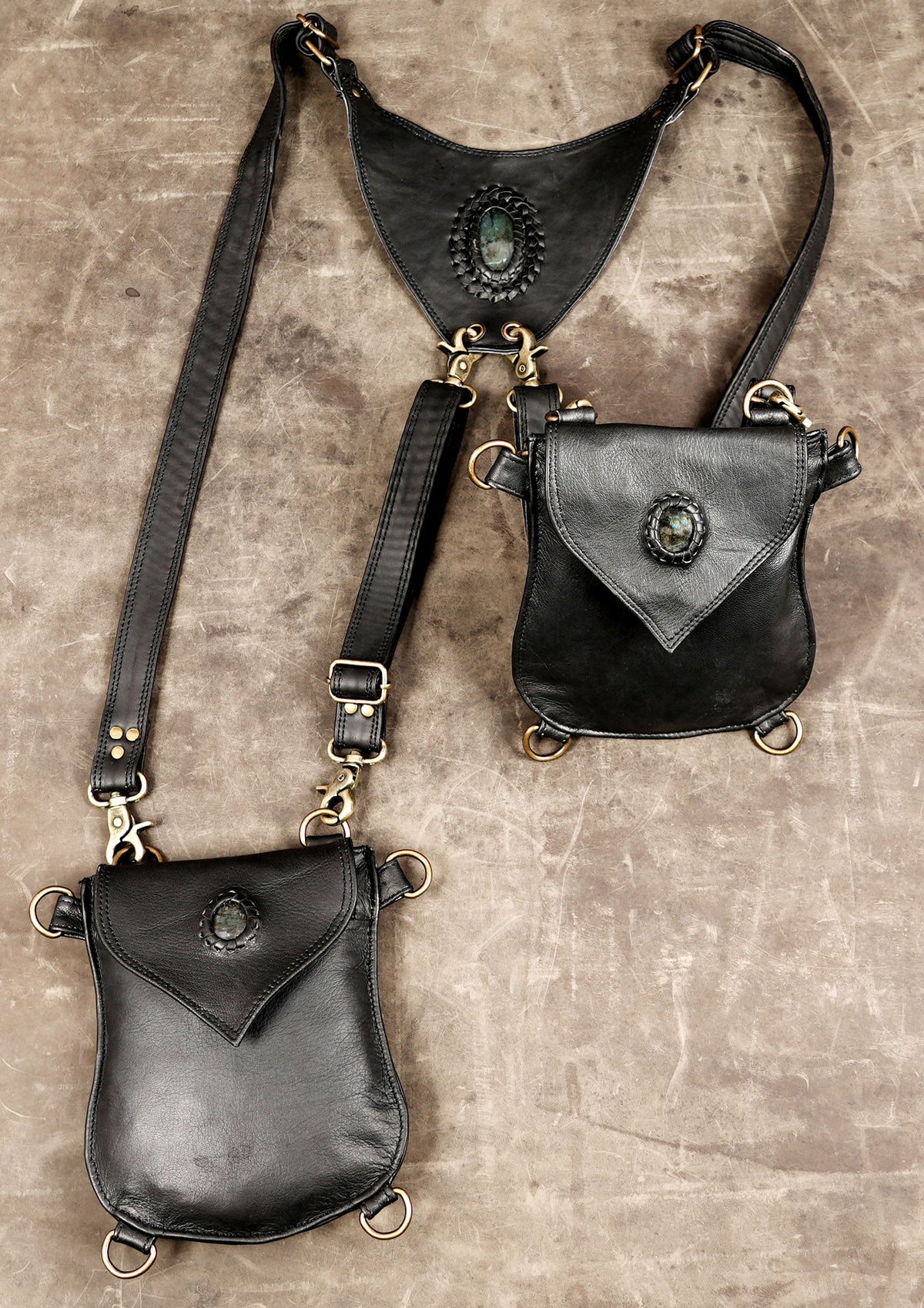 Handmade leather shoulder harness bag with gemstone details
