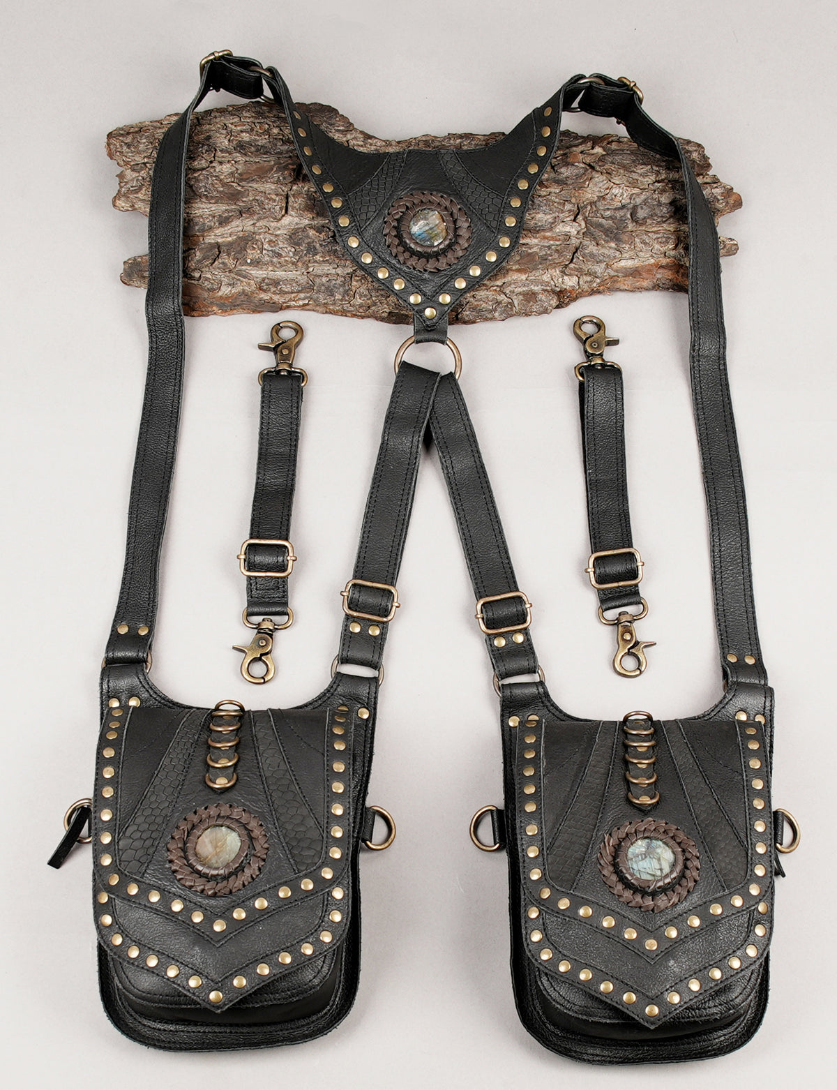 Black leather festival harness with central ring and Natural Labradorite detail