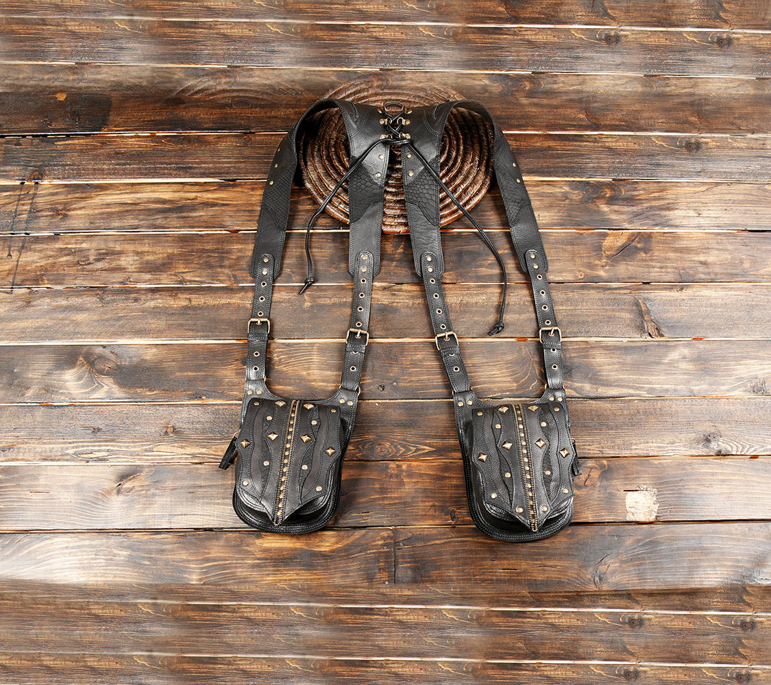 Unisex Black Leather Double Hip Pouch Harness with Studs