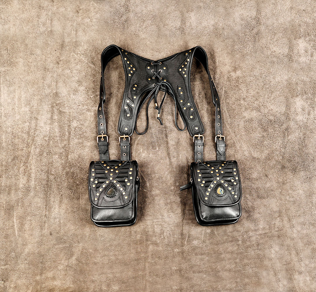 Unisex black leather chest harness with two decorative utility pouche