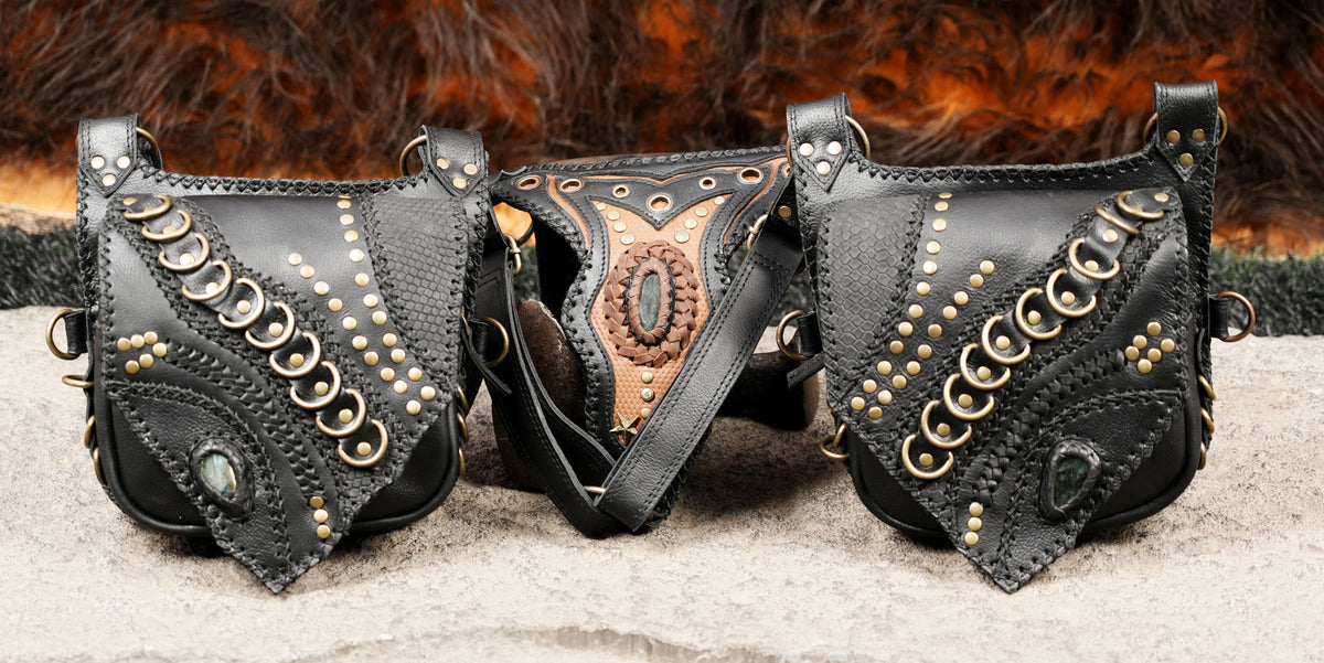 Black Leather Shoulder Holster Bag with Studded Dual Pouches