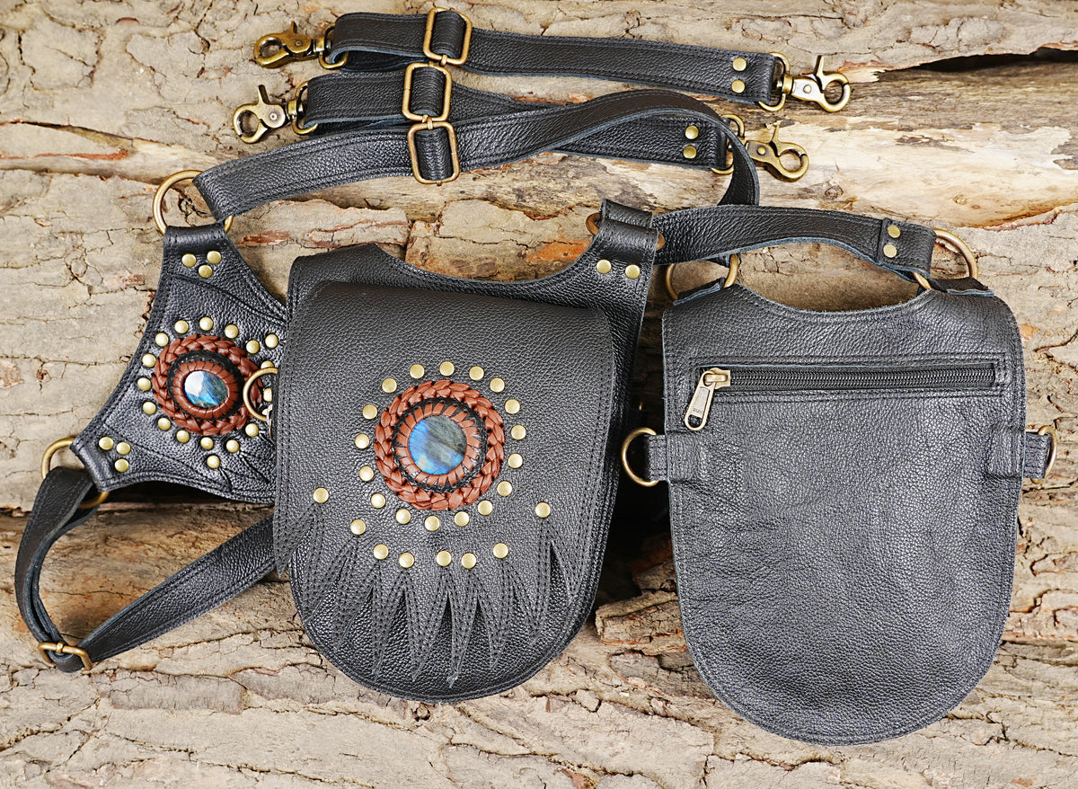 Handmade leather chest harness with gemstone pockets for Burning Man and music festivals